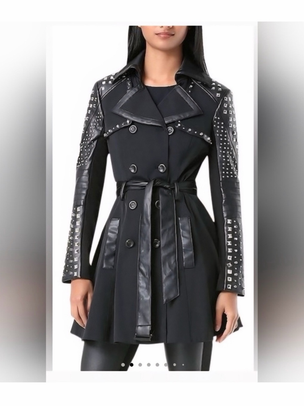 Rare Bebe Black Vegan Leather Studded Trench Coat – Size L